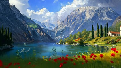 animation artful oil painting style illustration, beautiful Italian coastal village with Tuscan style mansion and flower garden  