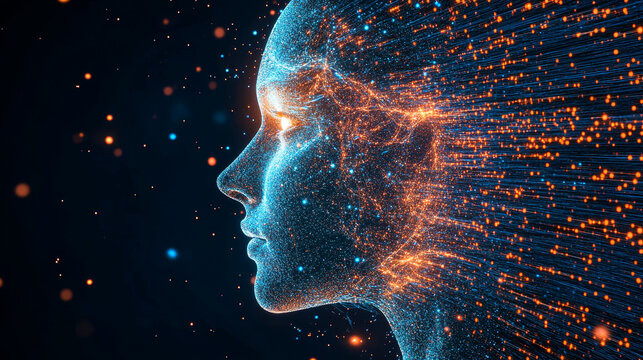 Digital mind concept shows human face dissolving into streams of data and light
