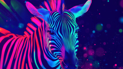 Futuristic fluorescent zebra pattern with neon hues glowing on a dark background