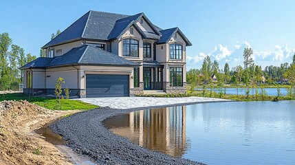 New luxury home by lake undergoing landscaping