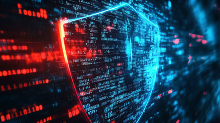 Fototapeta premium Futuristic digital shield symbolizing cybersecurity with glowing lines and binary code