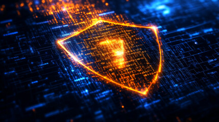 Futuristic digital shield with glowing lines and binary code symbolizes cybersecurity