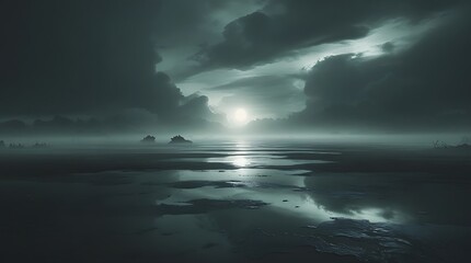 Dark moody seascape, moonlit ocean, dramatic cloudy sky, moonlight reflection on water