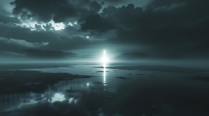 Dark moody seascape, moonlit ocean, dramatic cloudy sky, moonlight reflection on water