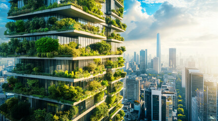 Obraz premium Innovative eco-friendly skyscrapers transform urban landscape with nature integration