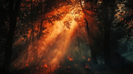 Ethereal Light Rays Through Lush Forest Amidst Fiery Glow