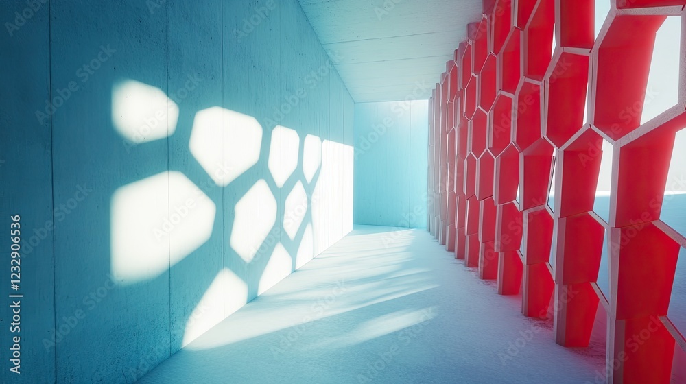 Poster Abstract Architectural Corridor with Red Hexagonal Wall