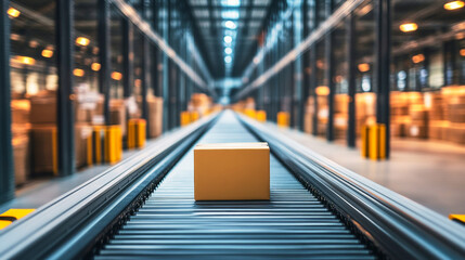 Lone package awaits shipment in a modern automated warehouse setting