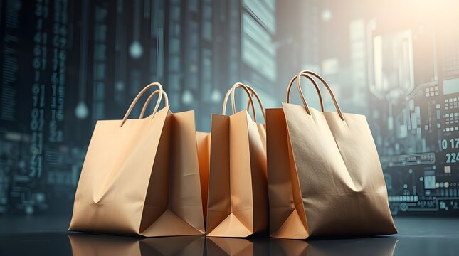paper shopping bags with tech background, concept of futuristic ai tech shopping experience, space for copy