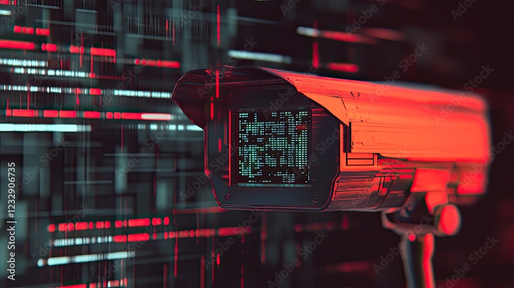 Poster futuristic security camera displays digital data stream