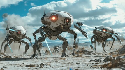 Fototapeta premium Futuristic Robotic Creatures with Technology in Desert Landscape