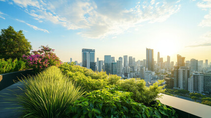 Modern rooftop terrace offers stunning views of city skyline with lush greenery
