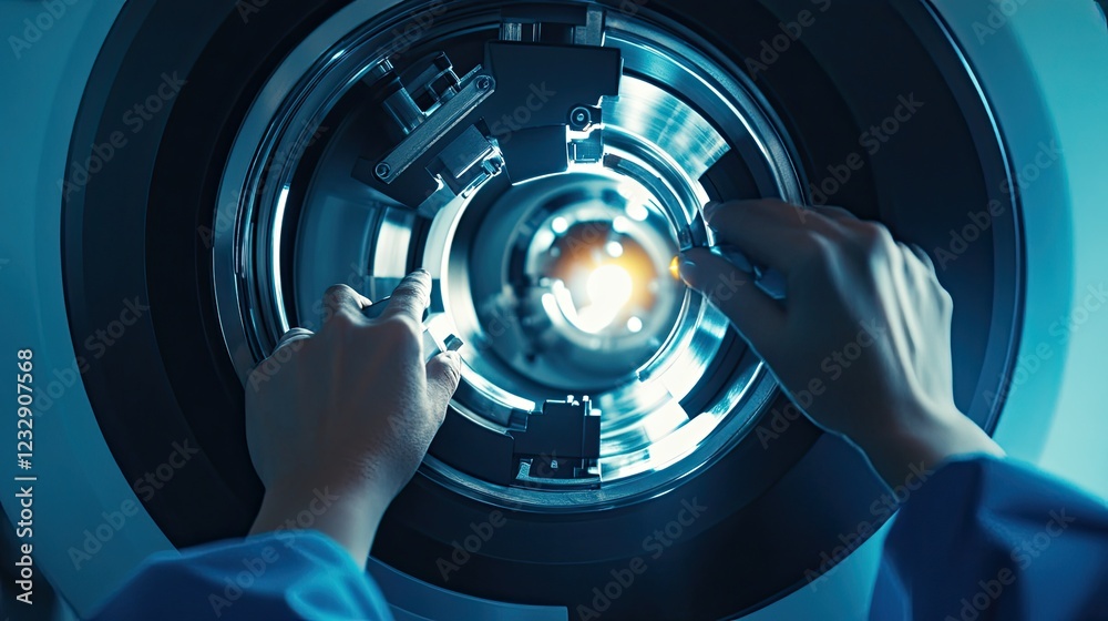 Poster Hands adjusting a technological circular device