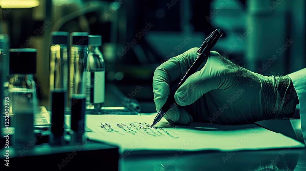 Aufkleber gloved hand writes notes in a laboratory setting
