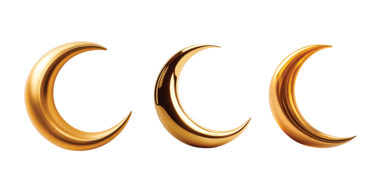 3 set of an golden crescent moon, 3d render of an crescent moon