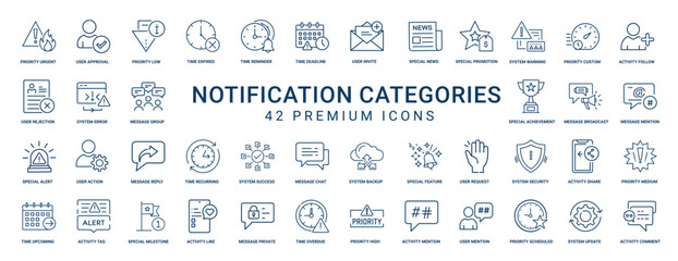 notification categories set 42 thin line vector icons, mention low milestone like