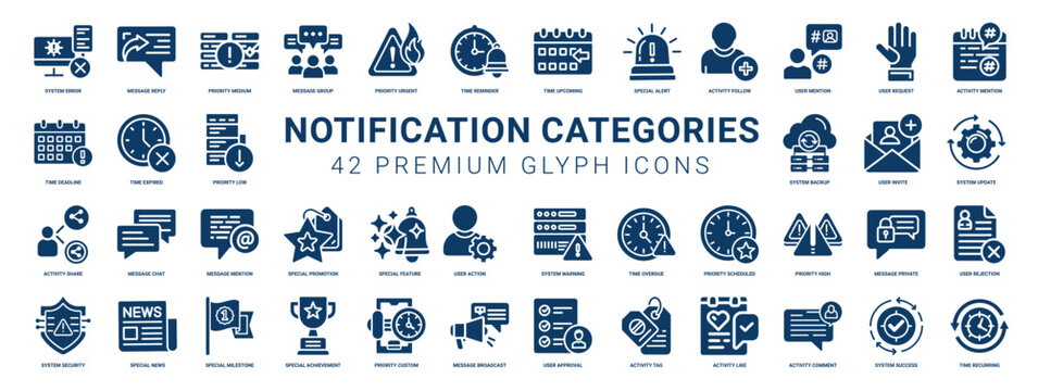  notification categories set 42 glyph icons for user interfaces user experience design, urgent reminder time group