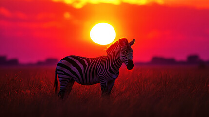 Silhouette of a zebra against a vibrant sunset in deep orange and purple hues