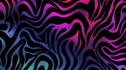 Vibrant neon zebra pattern design in pink, purple, and cyan on deep black background for textiles