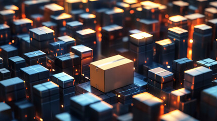 Obraz premium Delivery box stands alone among stacks of packages in a vast fulfillment center under LED lights