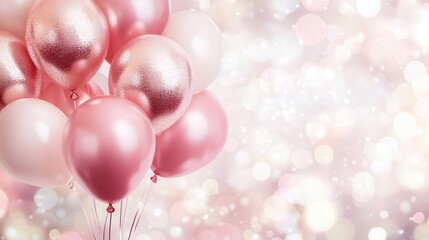 Shiny pink gold balloons on the white and pink bokeh background.
