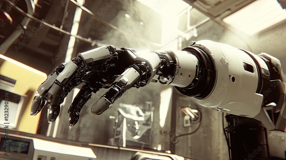 Poster advanced robotic arm reaches out in industrial setting