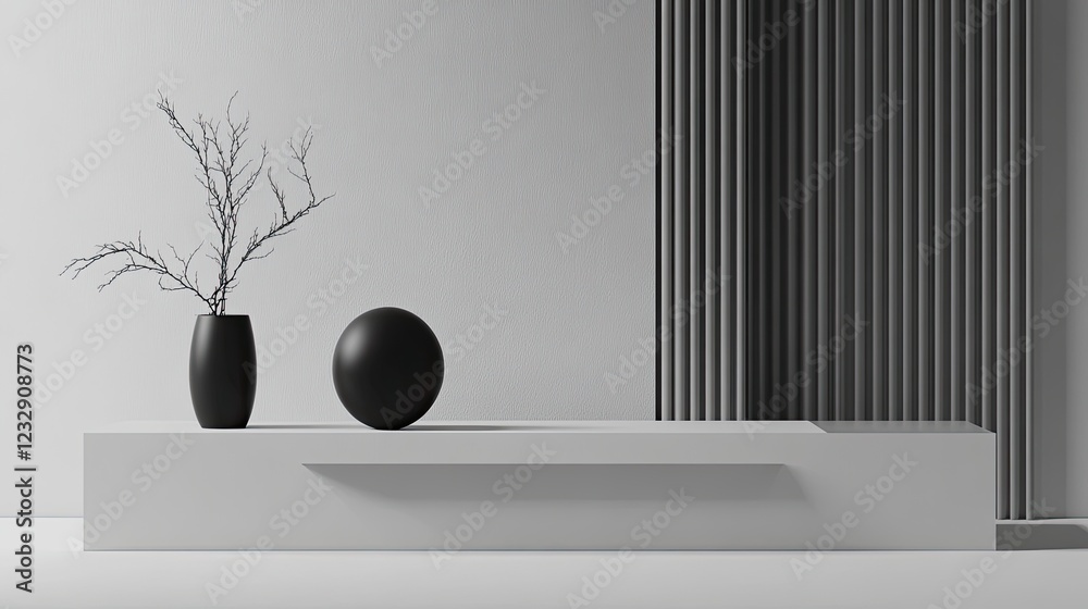 Poster Minimalist monochrome display with vase sphere and branches