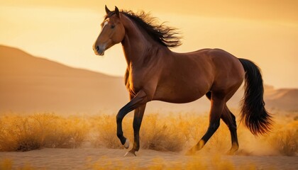 Obraz premium Elegant Akhal-Teke horse with a sleek, shining coat moves gracefully across the sand dunes, bathed in golden sunlight. A symbol of beauty, strength, and endurance.