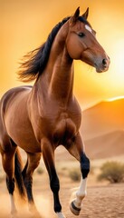 Obraz premium Elegant Akhal-Teke horse with a sleek, shining coat moves gracefully across the sand dunes, bathed in golden sunlight. A symbol of beauty, strength, and endurance.