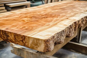 Unique wood slab showcasing craftsmanship at woodworking shop during daylight hours