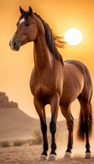 Obraz premium A majestic Akhal-Teke horse gallops through the golden desert at sunset, its metallic coat shimmering in the warm light. The wind flows through its mane, exuding grace and power.