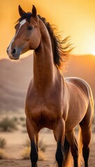 Obraz premium A majestic Akhal-Teke horse gallops through the golden desert at sunset, its metallic coat shimmering in the warm light. The wind flows through its mane, exuding grace and power.