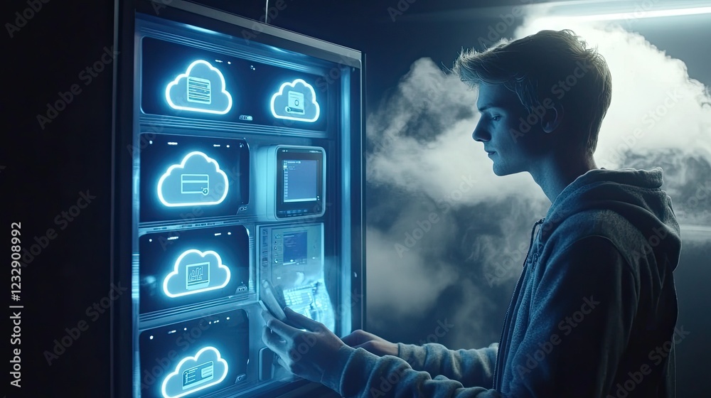Poster young man accessing cloud data storage system