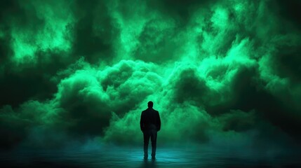 Fototapeta premium Man facing green cloud storm, night, mystery