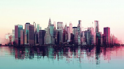 Fototapeta premium Urban Skyline Reflection at Dawn with Abstract Color Palette