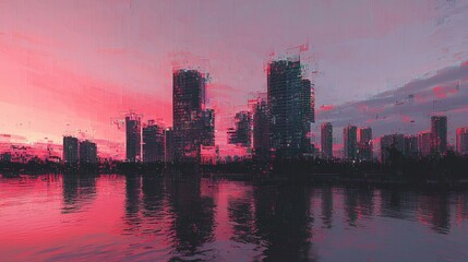 Fototapeta premium Abstract Cityscape at Dusk with Colorful Reflections on Water