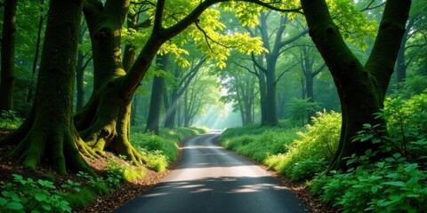 Naklejka premium Serene Woodland Roadway Sunlit Path Through Lush Green Canopy, Tranquil Forest Scene