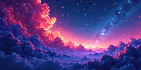 Fototapeta premium A Dreamlike Celestial Landscape Featuring Vivid Pink and Purple Clouds, Illuminated by a Starry Night Sky and a Distant Horizon Glow