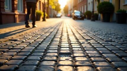 Golden Hour Cobblestone Path A Person Walks Towards Setting Sun
