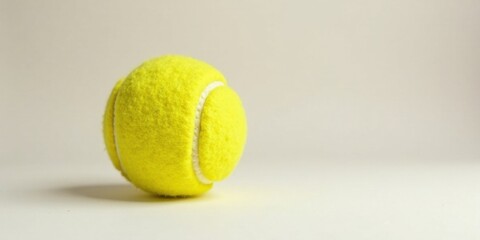 A single bright yellow tennis ball rests on a plain off-white surface, showcasing its fuzzy texture and vibrant color
