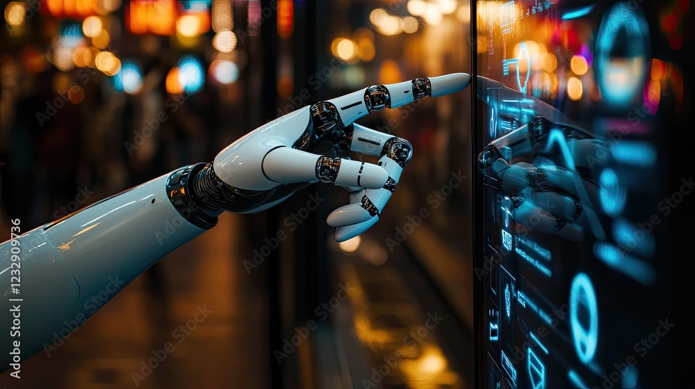 Poster Robotic hand interacting with a futuristic digital interface