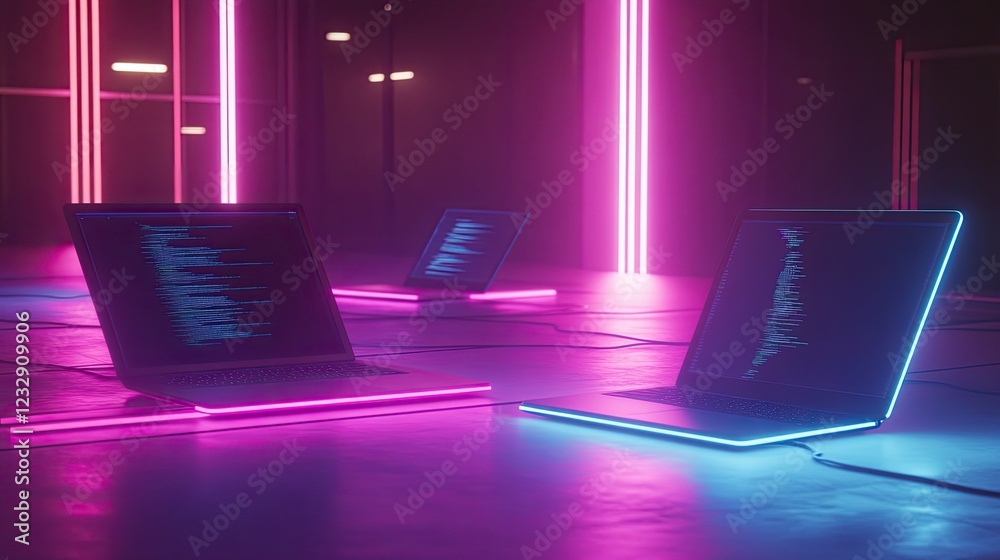 Fototapete Neon Lit Laptops Displaying Programming Code
