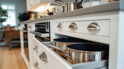 A kitchen with a white countertop and cabinets