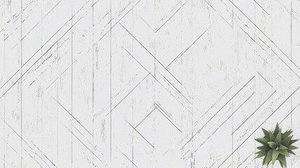 Textured White Wood Background with Geometric Patterns and Green Plant