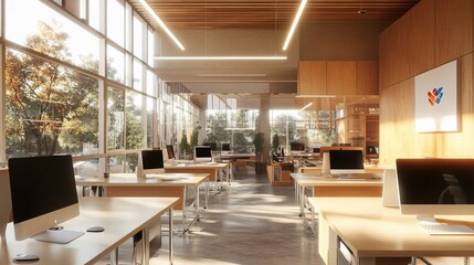 Modern Sunlit Office Workspace With Multiple Computers