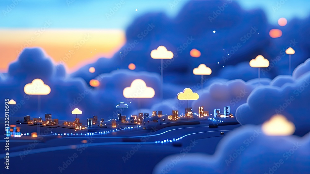 Poster illuminated cityscape connected to cloud servers in a dreamlike setting