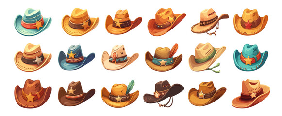 Cartoon cowboy hats. American sheriff clothing accessory with star, wild west rodeo texas symbol, american headwear vector set