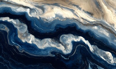 Abstract blue and gold swirling marble texture; design background