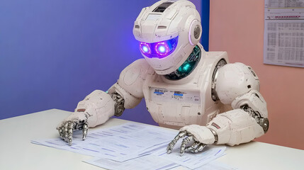 Fototapeta premium Robot reviewing documents at a desk.