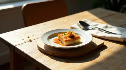 A delectable golden-brown baked dish, served on a white plate with a vibrant orange sauce, sits atop a rustic wooden surface bathed in sunlight; a simple yet elegant presentation.